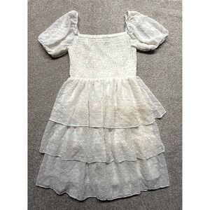 Altard State White Swiss Dot Tiered Smocked Square Neck Puff‎ Sleeve Dress S